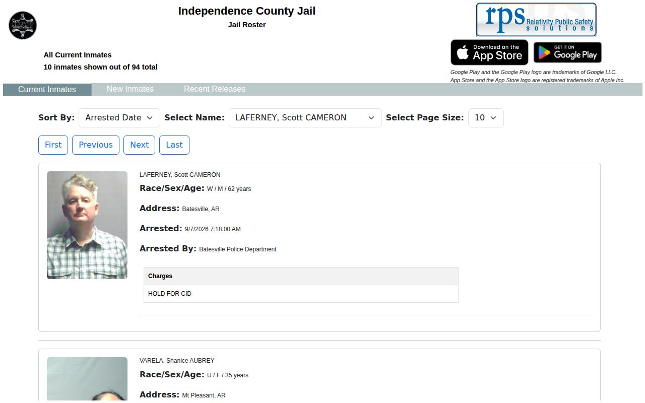 Official Independence County Jail roster search and result interface