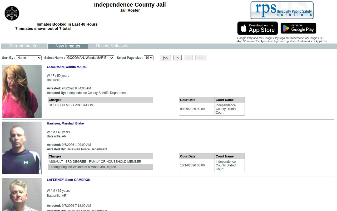 Independence County New Inmates page for bookings in the last 48 hours