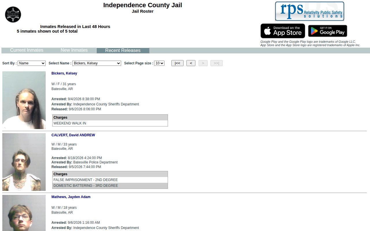 Independence County Jail recent releases interface for the last 48 hours