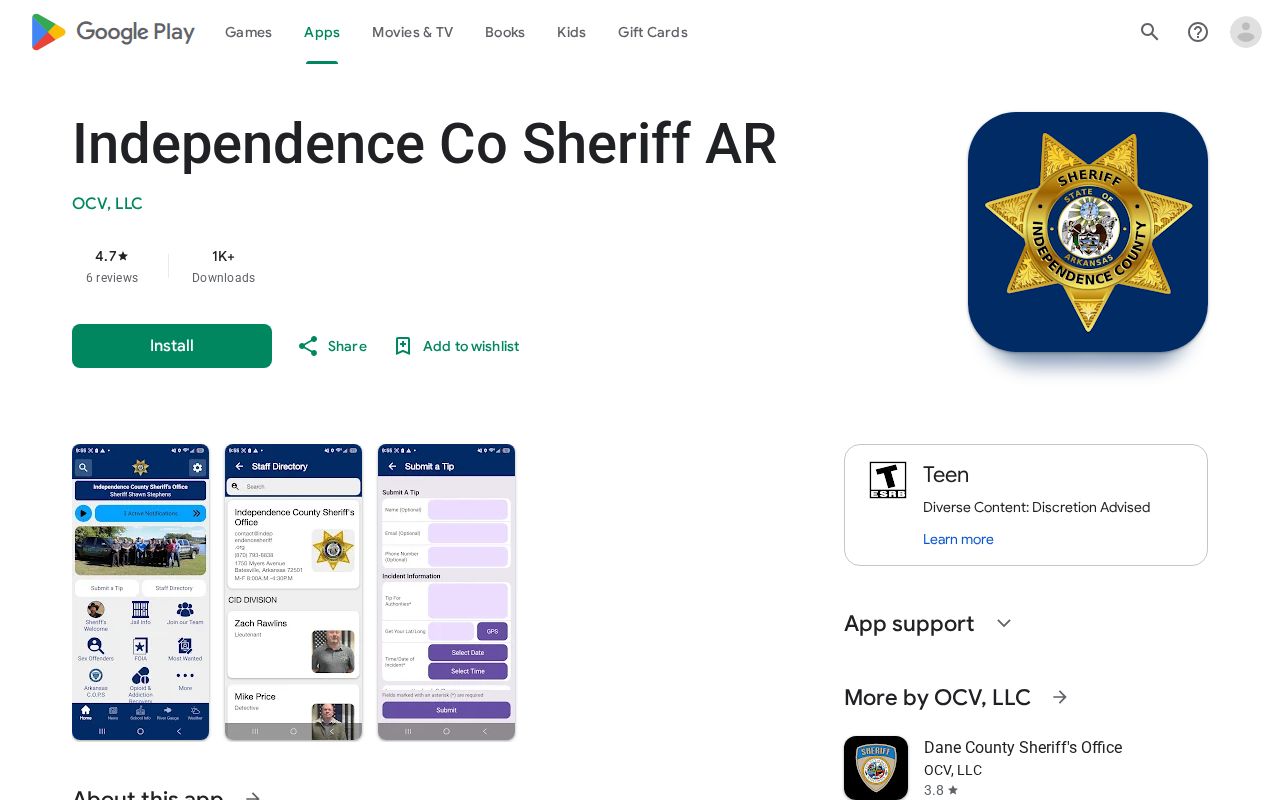 Google Play listing for the Independence County Sheriff Arkansas app