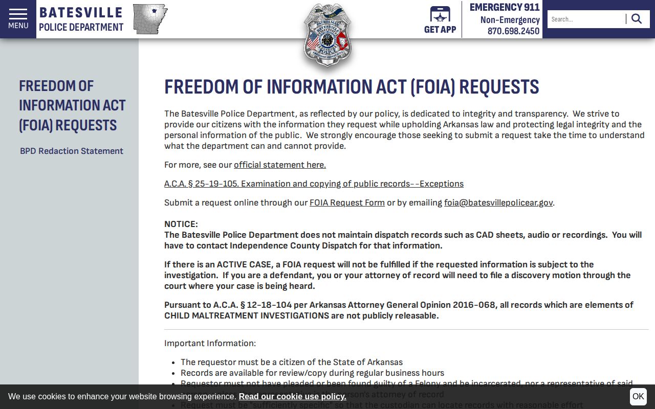 Batesville Police Department Freedom of Information Act request page